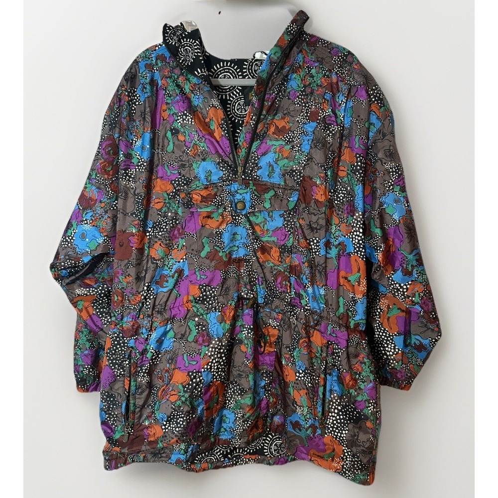 VTG Women's Sz L Nylon ROFFE Oversized Windbreaker Pullover Jacket Floral Print